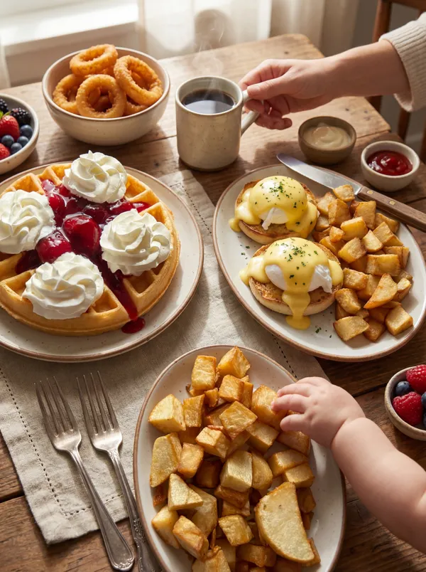 Delicious breakfast dishes at Maple Leaf Pancake House featuring waffles, eggs benedict, and home fries